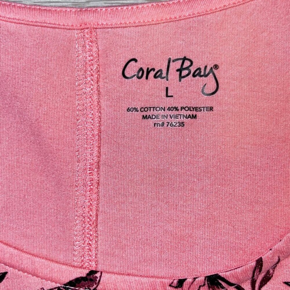 Coral Bay Blouse Womens L Peach Floral Seashell Silver Beaded Neck Short Sleeve - Picture 10 of 14